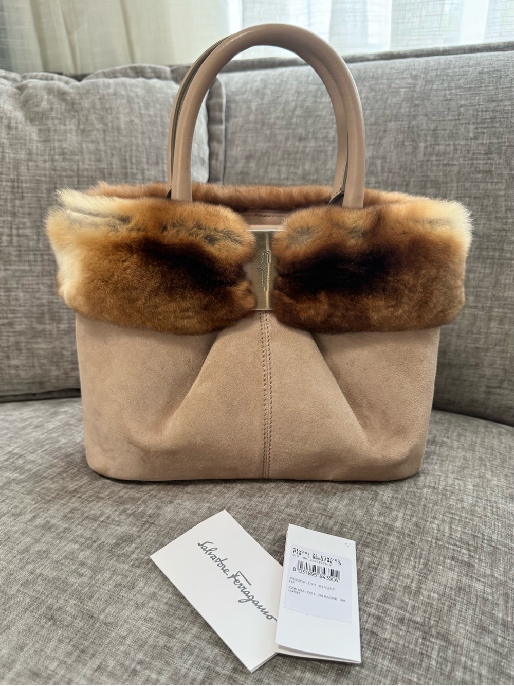 Salvatore Ferragamo BW21 C147 Bisque Suede Rabbit Fur Handbag Tote Authentic